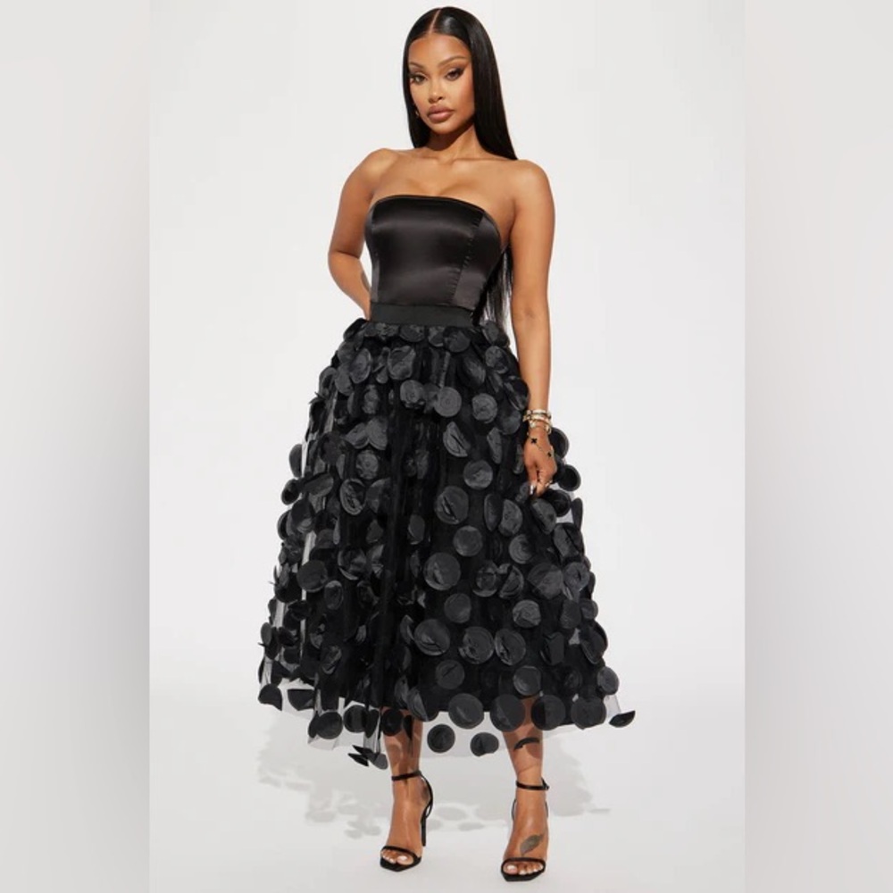 Fashion Nova Black Strapless Sequin Dot Midi Dress